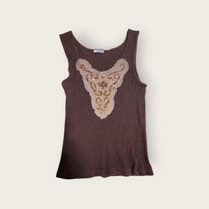 Vintage Y2k early 2000s Outlooks brown ribbed beaded neckline boho tank top